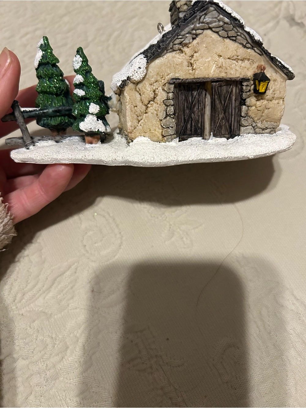 Source Unknown Beige Snowy Cottage Ornament with Green Trees
